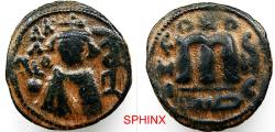 Ancient Coins - 901EE5U) ARAB-BYZANTINE. Temp Mu'awiya Ibn Abi Sufyan first Umayyad Caliph; Ummayad Imperial Image. Circa 670-690 AD. AE Fals (20 mm, 4.05 gm). Hims (Emisa) mint. Crowned bust