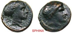 Ancient Coins - 347RC22P) Northern Greece. Thessaly, Phalana. Circa 400-344 BC AE 14 mm, 2.13 grms, 13 MM, Male head right / Head of a nymph right, hair tied in a saccos. Cf. SNG Copenhagen 203-8