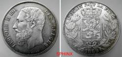 World Coins - 567CH5U) BELGIUM, LEOPOLD II ROI DES BELGES, Silver AR 5 FRANCS, (24.86/ 25 grms, 38 mm) dated 1869, engraver's name on Obv. KM # 24 (Y8.1) in nice VF cond. toned.