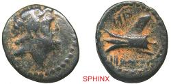 Ancient Coins - 133EH5U) PHOENICIA, Arados. Circa 206/5-52/1 BC. AE 16mm (2.64 g). Dated CY 108 (152/1 BC). Head of Zeus right / Ram of galley. Duyrat 1869-71; SNG Copenhagen -. aVF, dark brown pa