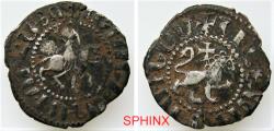 World Coins - 921RC2Y) ARMENIA, Cilician Armenia. Royal. Oshin. 1308-1320. AR Tram (20 mm, 2.48 g). Oshin on horseback riding right, head facing, holding mace; pellet to left / Lion advancing ri
