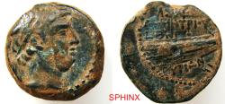 Ancient Coins - 10CH5) SELEUKID EMPIRE. Demetrios I Soter. 162-150 BC. AE (19.5 mm, 7.50 g). Tyre mint. Dated SE 158 (AD 155/4 BC). Diademed head right / Stern of galley left; L HNP (date) above.