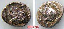 Ancient Coins - 933FC4W) Mysia, Kyzikos. Circa 450-400 BC. AR Obol. 10 mm, 0.79 grm, Forepart of running boar left; behind, tunny upwards / Head of roaring lion left, retrograde K above, all withi