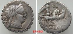 Ancient Coins - 68CGC5W) Roman Republic, Moneyer C. Naevius Balbus AR Serrate Denarius(3.84 grms, 18 mm). Rome, 79 BC. Obverse: Diademed bust of Venus right; S•C behind. Reverse: Victory in triga
