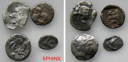 Ancient Coins - 624RM4W) Group lot of four (4) ancient Greek fractions (mostly obols and diobols) ranging in diameter from 5 to 8 mm, total weight 2.4 grms, ALL identifiable in fine cond.