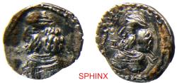 Ancient Coins - 906EK4V) KINGS of PERSIS. Pakōr (Pakor) II. 1st century AD. AR Obol (9 mm, 0.63 g). Bearded bust right, wearing diadem / Bearded bust right, wearing diadem. K&M 4/37; Alram 594 VF