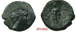 Ancient Coins - 629RG2Y) KINGS of BITHYNIA. Prusias II Cynegos. 182-149 BC. AE (18 mm, 3.64 grms). Beardless male head right, wearing winged diadem (Apollo ?) / ΒΑΣΙΛ(ΕΩΣ) ΠΡΟΥΣ Herakles standing
