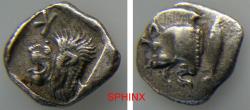 Ancient Coins - 612RM4W) Mysia, Kyzikos. Circa 450-400 BC. AR Obol. 8 mm, 0.78 grm, Forepart of running boar left; behind, tunny upwards / Head of roaring lion left, retrograde K above, VF