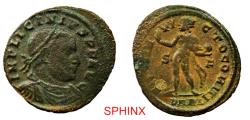 Ancient Coins - 425CL2Z) Roman Imperial, Licinius I, AE Follis, (2.66 grms, 21 mm), Arelate mint, Obverse: IMP LICINIVS PF AVG, Laureate, draped and cuirassed bust right. Reverse: SOLI IN-VI-CTO C