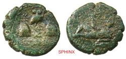 Ancient Coins - 918RC5) SICILY, Katane. Circa 186-170 BC. AE (20 mm, 6.46 g). Amenanos reclining left on overturned amphora, holding cornucopia and reed / Piloi of the Dioskouroi; owl standing on