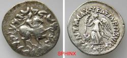 Ancient Coins - 565HM5R) BAKTRIA, Greco-Baktrian Kingdom. Antimachos II Nikephoros. Circa 160-155 BC. AR Drachm (18.5 mm, 2.39 g). Nike standing left, holding wreath and fillet; monogram to left /