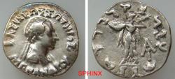 Ancient Coins - 562HM5R) BAKTRIA, Indo-Greek Kingdom. Menander I Soter. Circa 155-130 BC. AR Drachm (17 mm, 2.39 g, 12h). Diademed and draped bust right / Athena Alkidemos advancing left; monogram