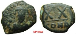 Ancient Coins - 333RR1) Phocas. 602-610. Æ Half Follis (21 mm, 4.97 g, 7h). Constantinople mint, 1 st officina. Struck 603-610. Crowned facing bust, wearing consular robes, holding mappa and cross