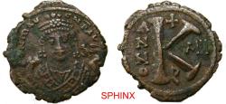 Ancient Coins - 51FG6Z) Byzantine Empire, Maurice Tiberius, 582-602 AD, AE Half Follis, 4.76 grms, 22 mm . Antioch as Theopolis. Regnal Year 13, Obverse: DN MAV G I CN P AVG (often garbled), crown