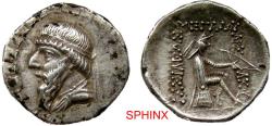 Ancient Coins - 60LE22) KINGS of PARTHIA. Mithradates I. 165-132 BC. AR Drachm (20 mm, 3.73 grms). Hekatompylos mint. Struck circa 141-132 BC. Diademed bust left within bead-and-reel border VF