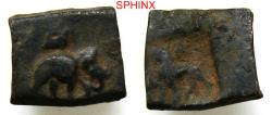 Ancient Coins - 628CH4K) INDIA, Post-Mauryan (Punjab). Taxila (local coinage). Circa 185-168 BC. CU Karshapana (18X20 mm, 12.71 g). Elephant/Lion type. Elephant right / Lion standing left; swastik