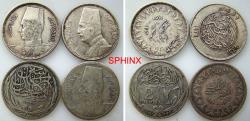 World Coins - 292CC5R) Egypt, British occupation/ Ottoman , Group of 4 coins 2 piasters AR silver : Each coin weights 2.8 grms 0.833 silver content; 2 Farouks, 1 Fu'ad, 1 Sultan Hussein; ALL dif