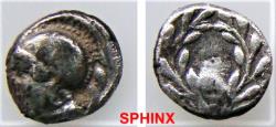 Ancient Coins - 935RF17) AEOLIS, Elaia. Circa 450-400 BC. AR Hemiobol (7mm, 0.40 g). Helmeted head of Athena left / Wreath in incuse square. SNG Copenhagen 164. VF, find patina. RARE.
