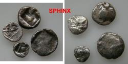 Ancient Coins - 984RF17) Study group of 4 Asia minor AR fractions; All identifiable each around 1 grm or less and under 10 mm;   Need a good 10X loupe and some patience.   NO RETURNS ON THIS LOT;