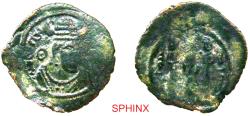World Coins - 150RM4W) ARAB-SASANIAN Pre-reform bronze, AE Pashiz 15 mm, 0.80 grms, Obv. usual bust right and Bism Allah, Rev. the two attendants and the word Rabbi Allah; Unlisted; Fair.