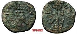 World Coins - 771EH18) Umayyad Caliphate. temp. 'Abd al-Malik ibn Marwan. AH 65-86 / AD 685-705. AE Fals (20 mm, 2.91 g). Arab-Byzantine Standing Caliph type. Halab (Aleppo) mint. Struck circa