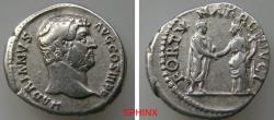Ancient Coins - 2LK6Z) Hadrian. AD 117-138. AR Denarius (18 mm, 3.47 g, 6h). Rome mint. Struck AD 134-138. Bare head right / Hadrian standing right, holding roll and clasping hands with Fortuna st