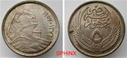 World Coins - 546CM22) EGYPT, REPUBLIC, 5 Piasters, 3.5 grms, 0.720 silver, the SPHINX, dually dated 1376 AH and 1957 AD; KM 383, XF-UNC.  NOTE : The two marks on the sphinx's face are NOT scrat
