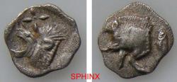 Ancient Coins - 721FH4K) MYSIA, Kyzikos. Circa 480-450 BC. AR Hemiobol (9 mm, 0.39 gm). Forepart of boar left; tunny fish to right / Head of roaring lion left, Star above SNG France 376; VF
