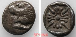 Ancient Coins - 625RM4W) IONIA, Miletos. Late 6th-early 5th century BC. AR Obol – Hemihekte (9 mm, 0.91 g). Forepart of lion, head reverted / Stellate pattern within incuse square. SNG Kayha