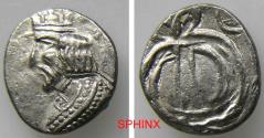 Ancient Coins - 861FR3Y) KINGS of PERSIS. Uncertain King II. Circa late 1st century AD. AR Hemidrachm (13 mm, 1.17 g). Obv. Bust left, wearing diadem and Persepolitan crown with stepped battlement