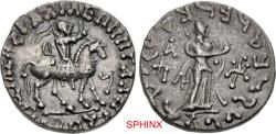 Ancient Coins - 223CMR4Z) INDO-SKYTHIANS. Azes. Circa 58-12 BC. AR Tetradrachm (25mm, 9.46 g, 3h). Azes on horseback right, holding whip; ba in Kharosthi to right / Athena standing right, extendin