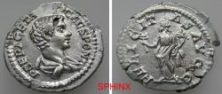 Ancient Coins - 59FF5R) Roman Imperial, Geta, as Caesar, AR Denarius. (2.81 grms, 20 mm) 200-202 AD. Obverse: P SEPT GETA CAES PONT, Bare-headed, draped bust right. Reverse: FELICITAS AVGG, Felici