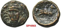 Ancient Coins - 474RC9X) THESSALY, Pharsalos. 4th-3rd centuries BC. AE Chalkous (13 mm, 2.41 g, 12h). Helmeted head of Athena facing, turned slightly to l., her shield over her l. shoulder / ΦAP a