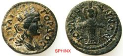 Ancient Coins - 989EG5W) LYDIA, Gordus-Julia. Pseudo-autonomous issue. Circa 2nd century AD. AE (16.5 mm, 3.34 g). Turreted and draped bust of Tyche (Fortuna) right / Facing cult statue of Artemis