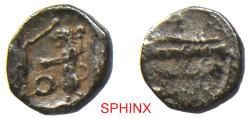 Ancient Coins - 129EH5U) PHOENICIA, Sidon. Baalshallim II. Circa 401-366 BC. AR 1/16 Shekel (9 mm, 0.91 g). Phoenician pentekonter left on waves / Persian king or hero standing right,fighting lion