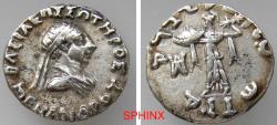 Ancient Coins - 561HM5R) BAKTRIA, Indo-Greek Kingdom. Menander I Soter. Circa 155-130 BC. AR Drachm (16 mm, 2.44 g). Diademed and draped bust right / Athena Alkidemos advancing left; monogram gVF