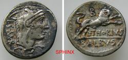 Ancient Coins - 33MM4P) L. Thorius Balbus. 105 BC. AR Denarius (19 mm, 3.84 g). Rome mint. Head of Juno Sospita right, wearing goat-skin headdress / Bull charging right; B above. Crawford 316/1;