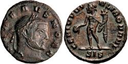 Ancient Coins - 715GR4KE) Severus II. As Caesar, AD 305-306. AE Quarter Follis (18 mm, 2.56 g). Struck under Constantius I Chlorus, Siscia mint. SEVERVS NOB C, Laureate head right / GENIO POPVLI R