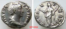 Ancient Coins - 41LF6Z) Roman Imperial, Diva Faustina I, AR Denarius. 3.22 grms, 18 mm; Obverse: DIVA AVG FAVSTINA, Draped bust right. Reverse: CONSECRATIO, Ceres standing left, holding torch VF