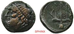 Ancient Coins - 67FG22P) SICILY, Syracuse. Hieron II. 275-215 BC. AE Litra (20 mm, 6.59 g). Struck 263-218 BC. Head of Poseidon left, wearing tainia / Ornamented trident head; flanked by dolphins