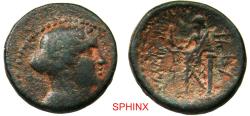 Ancient Coins - 344RC22P) PHOENICIA, Marathos. 175/4-170/69 BC. AE 22mm (9.49 g). Dated CY 96 (164/3 BC). Veiled and draped bust of Berenike right / Marathos standing left, leaning against column,