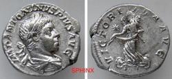 Ancient Coins - 53FF5R) Elagabalus. AD 218-222. AR Denarius (18 mm, 2.81 g, 12h). Rome mint. Struck AD 220-221. Laureate and draped bust right / Victory advancing left, holding open wreath, betwee