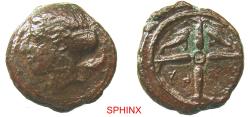 Ancient Coins - 912RC5) Ancient Greek, Sicily, Syracuse. AE 17; c. 415 BC. AE (3.52 grms, 15 mm), Obverse: Female head left, wearing earrings, hair bound in sphendone. Reverse: Wheel of four spoke