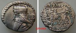 Ancient Coins - 423GR3Y) KINGS of PARTHIA. Vologases III. 105-147 AD. AR Drachm (19 mm, 3.68 gm). Ekbatana mint. Diademed bust left / Arsakes I seated right on throne without seat, holding bow; XF