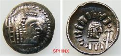 Ancient Coins - 355LM22P) ARABIA FELIX. Himyarites, "RYDN" Royal Series. "'MDN BYN" (Amdan Bayyin). Circa 80-100 AD. AR Scyphate Quinarius (15 mm, 1.41 gm). Male head right within torc; monogram