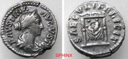 Ancient Coins - 44LF6Z) FAUSTINA JR., wife of Marcus Aurelius. Augusta, 145-175 AD. AR Denarius (18 mm, 3.34 gm). Struck 161 AD. FAVSTINA AVGVSTA, diademed and draped bust right / SAECVLI FELICIT,