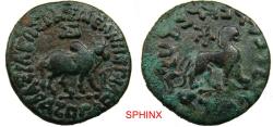 Ancient Coins - 287EH22P) INDO-SKYTHIANS. Azes. Circa 58-12 BC. AE (28.5 mm, 13.85 g). Bull standing right; monogram above, Shi to lower right / Lion standing right; monogram above. Senior 102.11;