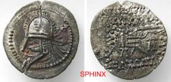 Ancient Coins - 464EG5Y) KINGS of PARTHIA. Vologases VI. Circa AD 208–228. AR Drachm (20 mm, 2.78 g). Ekbatana mint. Obverse: Diademed bust left, wearing tiara with long earflap and hooks. FINE