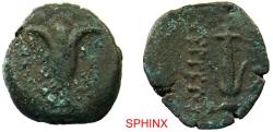 Ancient Coins - 54RM22P) Ancient Greek, Seleucid Kingdom, Antiochus VII Euergetes, 138-129 BC, AE15 Prutah (2.36 Grms, 14 mm), struck 132-130 BC, Jerusalem Mint. Obverse: Large lily with stem. Re