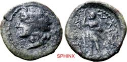 Ancient Coins - 887GC4W) Sicily, Alaisa Archonidea AE 18 mm. Circa 208-186 BC. Crowned head of Dionysos to left; thyrsos behind / Warrior standing facing, leaning on spear; APX above cornucopiae